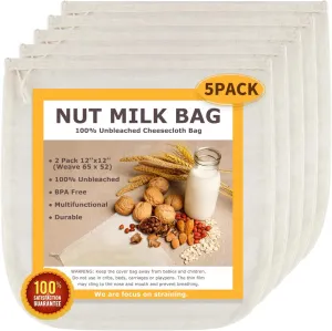 Nut Milk Bags, All Natural Cheesecloth Bags, 12"x12", 5 Pack, 100% Unbleached Cotton Cloth Bags for Tea/Yogurt/Juice/Wine/Soup/Herbs, Durable Washable Reusable Almond Milk Strainer(Weave 66x70)