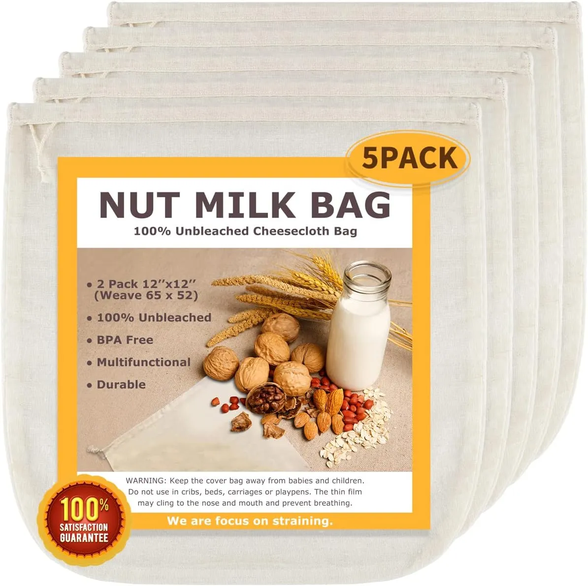Nut Milk Bags, All Natural Cheesecloth Bags, 12"x12", 5 Pack, 100% Unbleached Cotton Cloth Bags for Tea/Yogurt/Juice/Wine/Soup/Herbs, Durable Washable Reusable Almond Milk Strainer(Weave 66x70)
