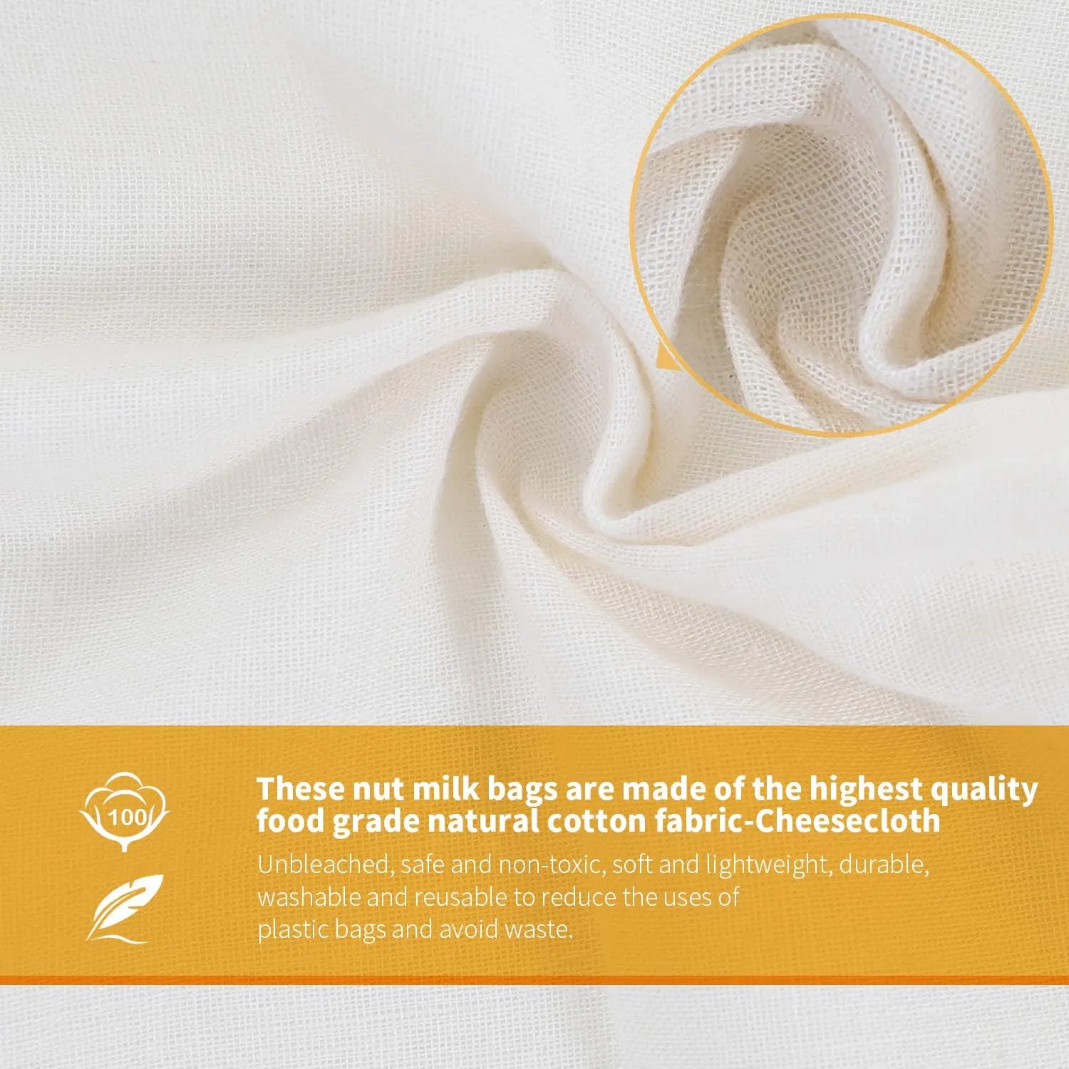 Nut Milk Bags, All Natural Cheesecloth Bags, 12"x12", 5 Pack, 100% Unbleached Cotton Cloth Bags for Tea/Yogurt/Juice/Wine/Soup/Herbs, Durable Washable Reusable Almond Milk Strainer(Weave 66x70)