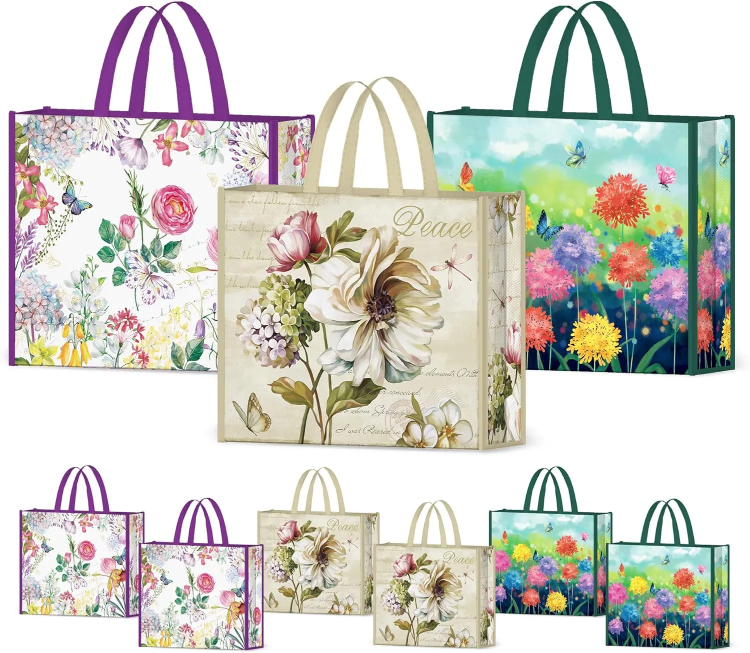 NymphFable 6 Pack Grocery Bags Reusable Peony Colorful Flowers Butterflies Shopping Bags Washable Foldable Tote Bag