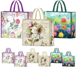NymphFable 6 Pack Grocery Bags Reusable Peony Colorful Flowers Butterflies Shopping Bags Washable Foldable Tote Bag