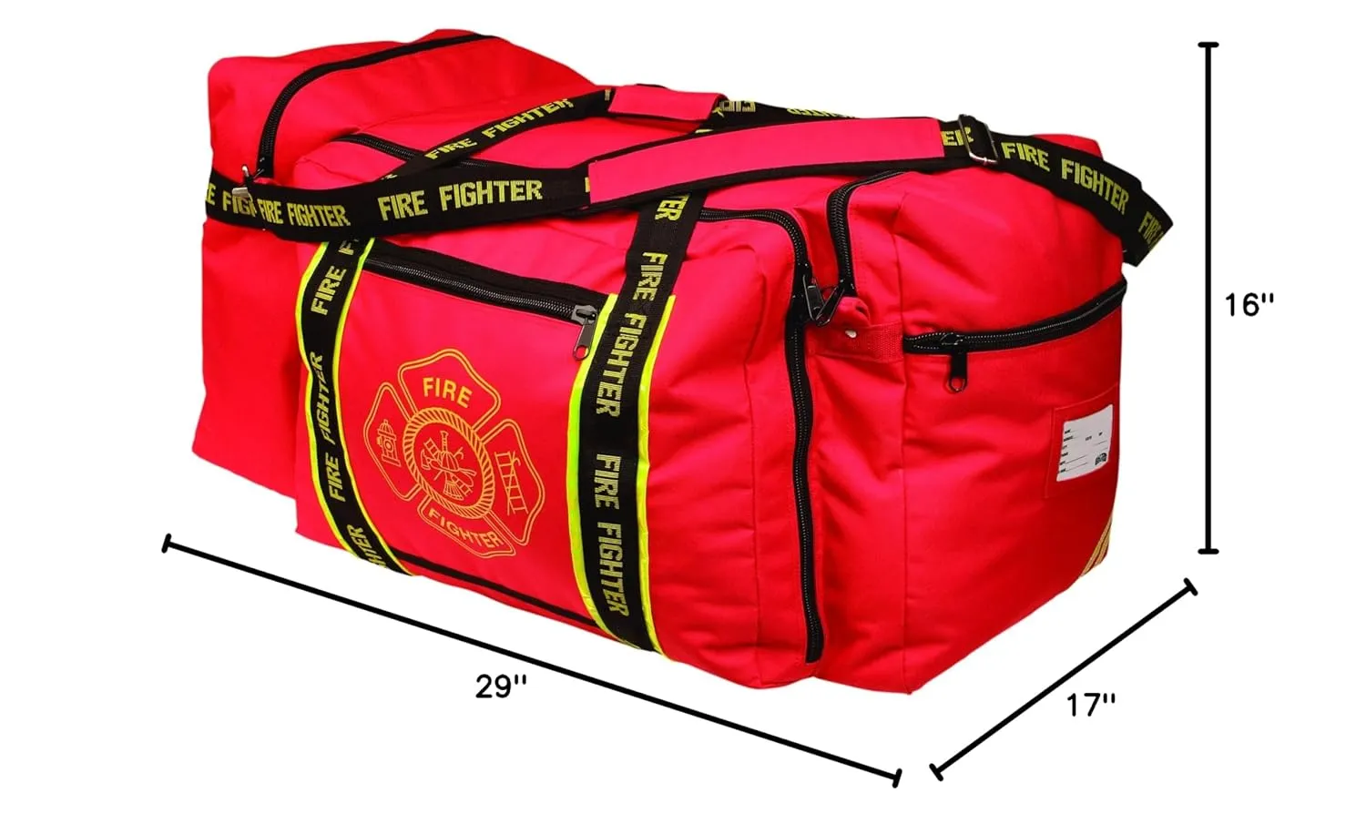 OccuNomix OK-3000 Large Gear Bag, “Firefighter” Woven In Reflective Trim Along Bag Straps, Maltese Cross Logo, 3 Compartments with 2 Outside Zip Pockets, 29” x 17” x 16”, Red