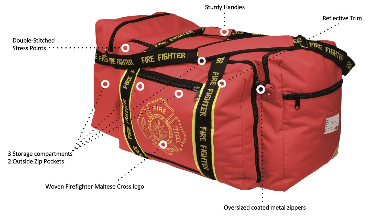 OccuNomix OK-3000 Large Gear Bag, “Firefighter” Woven In Reflective Trim Along Bag Straps, Maltese Cross Logo, 3 Compartments with 2 Outside Zip Pockets, 29” x 17” x 16”, Red