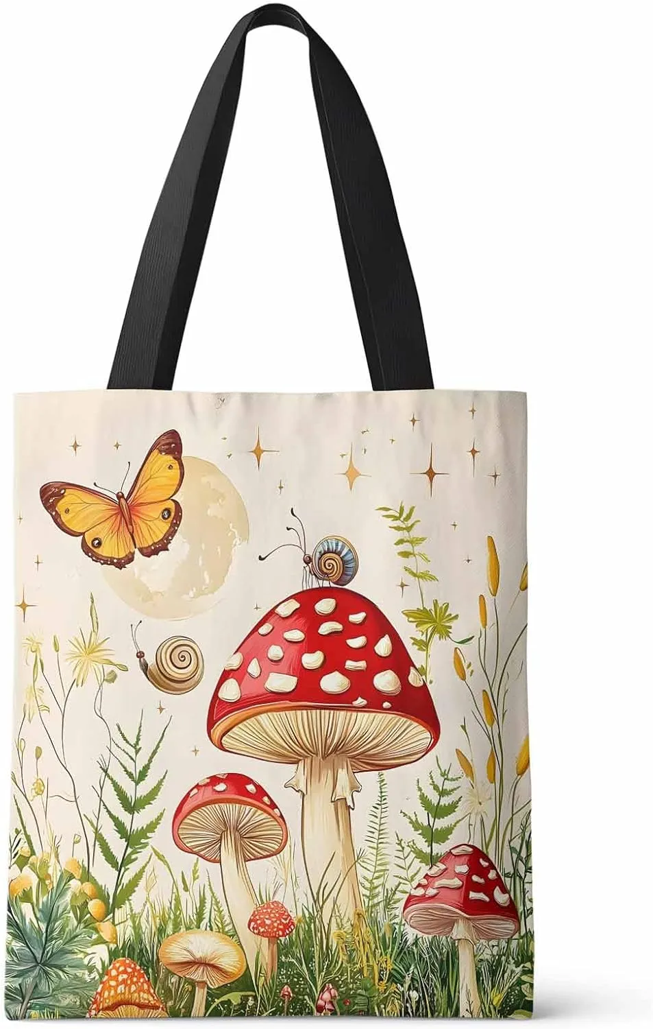 Ocean Party Plant Canvas Tote Bag Fern Red Mushroom Butterfly Shoulder Bag Casual Bag with Inner Pocket for Shopping Grocery Work