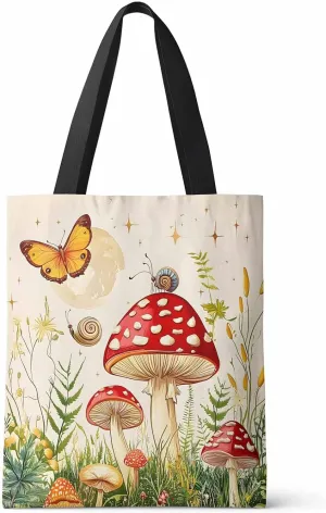 Ocean Party Plant Canvas Tote Bag Fern Red Mushroom Butterfly Shoulder Bag Casual Bag with Inner Pocket for Shopping Grocery Work
