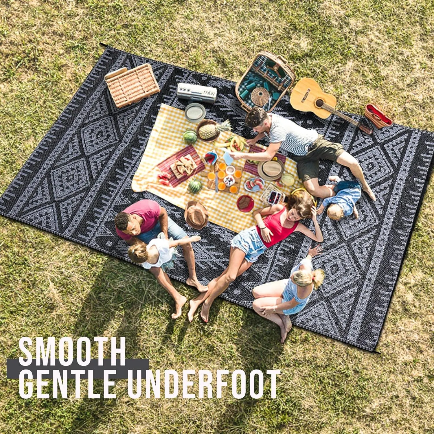 OLANLY Outdoor Rug Waterproof 4x6 ft, Reversible Outdoor Plastic Straw Rug, Boho Patio Rug, Indoor Outdoor Carpet, RV Mat Outside for Patio, Camp, Picnic, Balcony, Deck, Backyard, Black & Grey