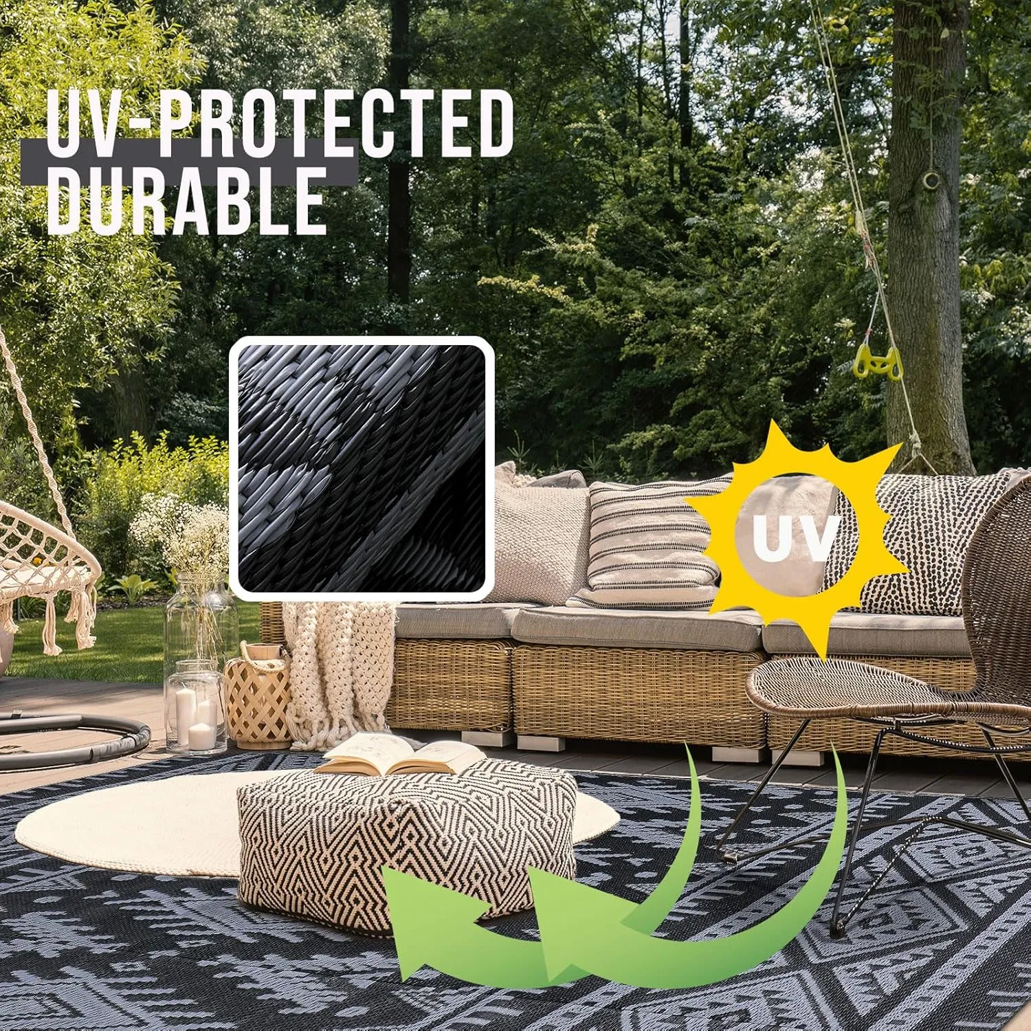 OLANLY Outdoor Rug Waterproof 4x6 ft, Reversible Outdoor Plastic Straw Rug, Boho Patio Rug, Indoor Outdoor Carpet, RV Mat Outside for Patio, Camp, Picnic, Balcony, Deck, Backyard, Black & Grey