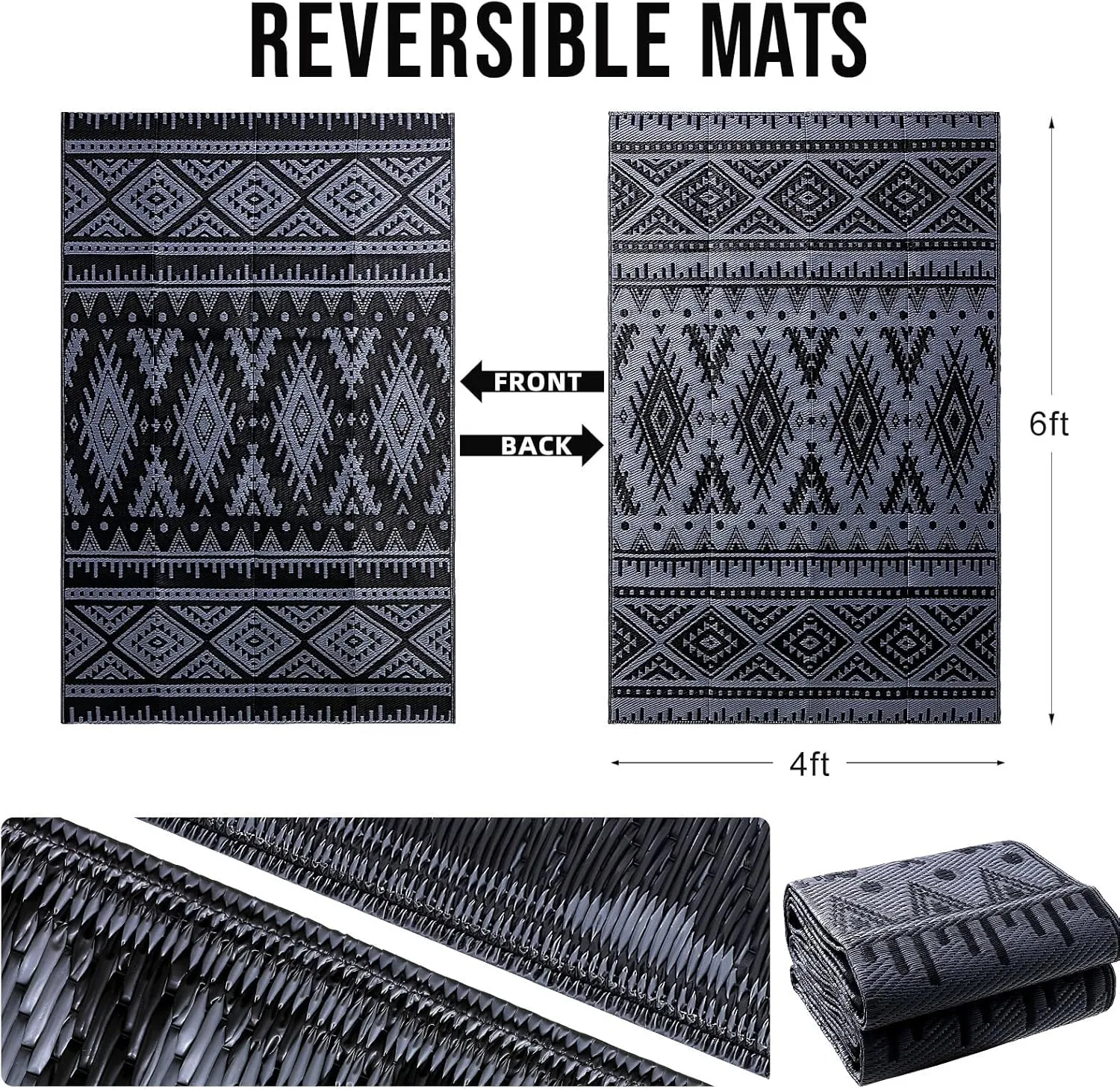 OLANLY Outdoor Rug Waterproof 4x6 ft, Reversible Outdoor Plastic Straw Rug, Boho Patio Rug, Indoor Outdoor Carpet, RV Mat Outside for Patio, Camp, Picnic, Balcony, Deck, Backyard, Black & Grey