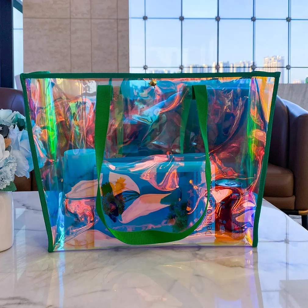 ONEART Clear Holographic Tote Bags, Iridescent Waterproof Top Handle Bag, Clear Jelly Totes Vocation Party Beach Bag