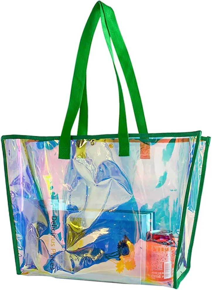 ONEART Clear Holographic Tote Bags, Iridescent Waterproof Top Handle Bag, Clear Jelly Totes Vocation Party Beach Bag