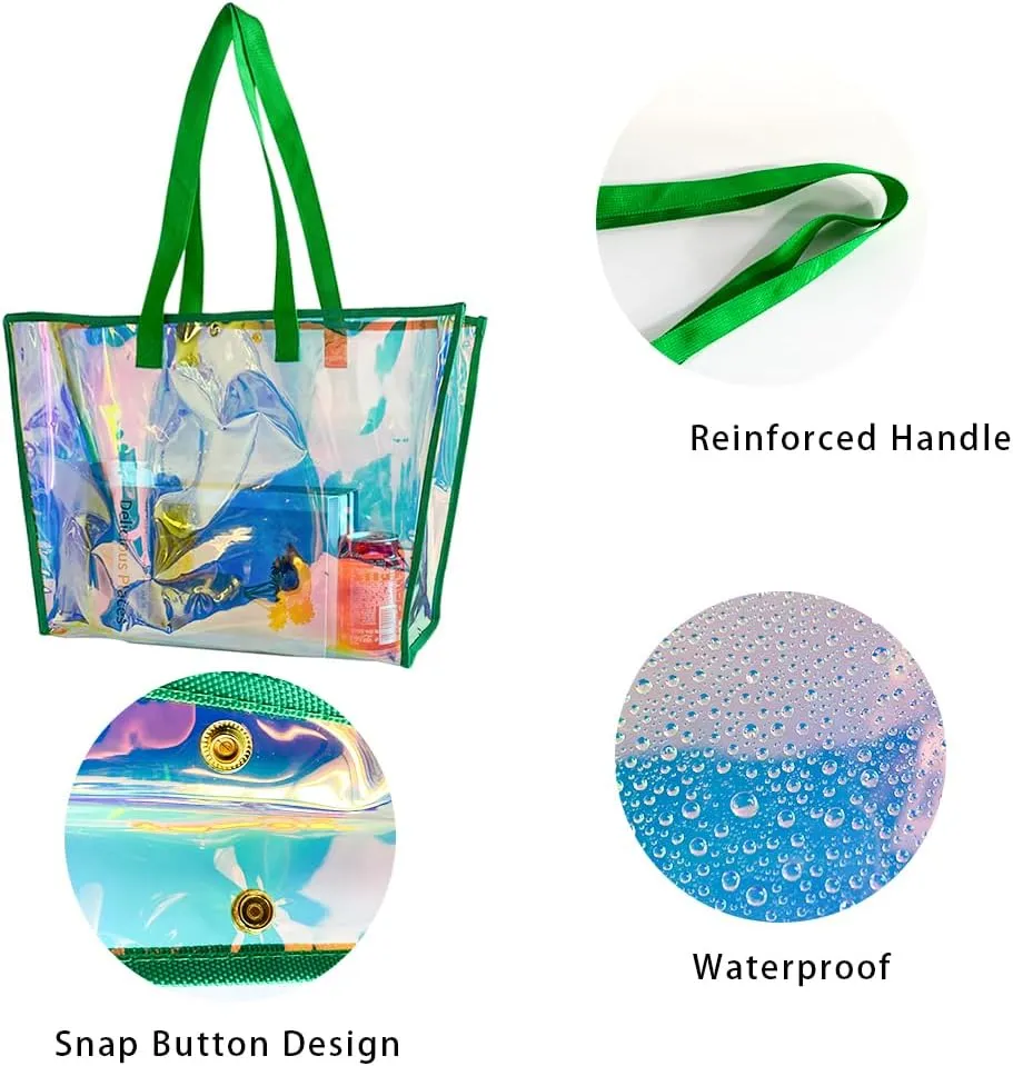 ONEART Clear Holographic Tote Bags, Iridescent Waterproof Top Handle Bag, Clear Jelly Totes Vocation Party Beach Bag
