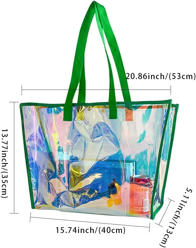 ONEART Clear Holographic Tote Bags, Iridescent Waterproof Top Handle Bag, Clear Jelly Totes Vocation Party Beach Bag