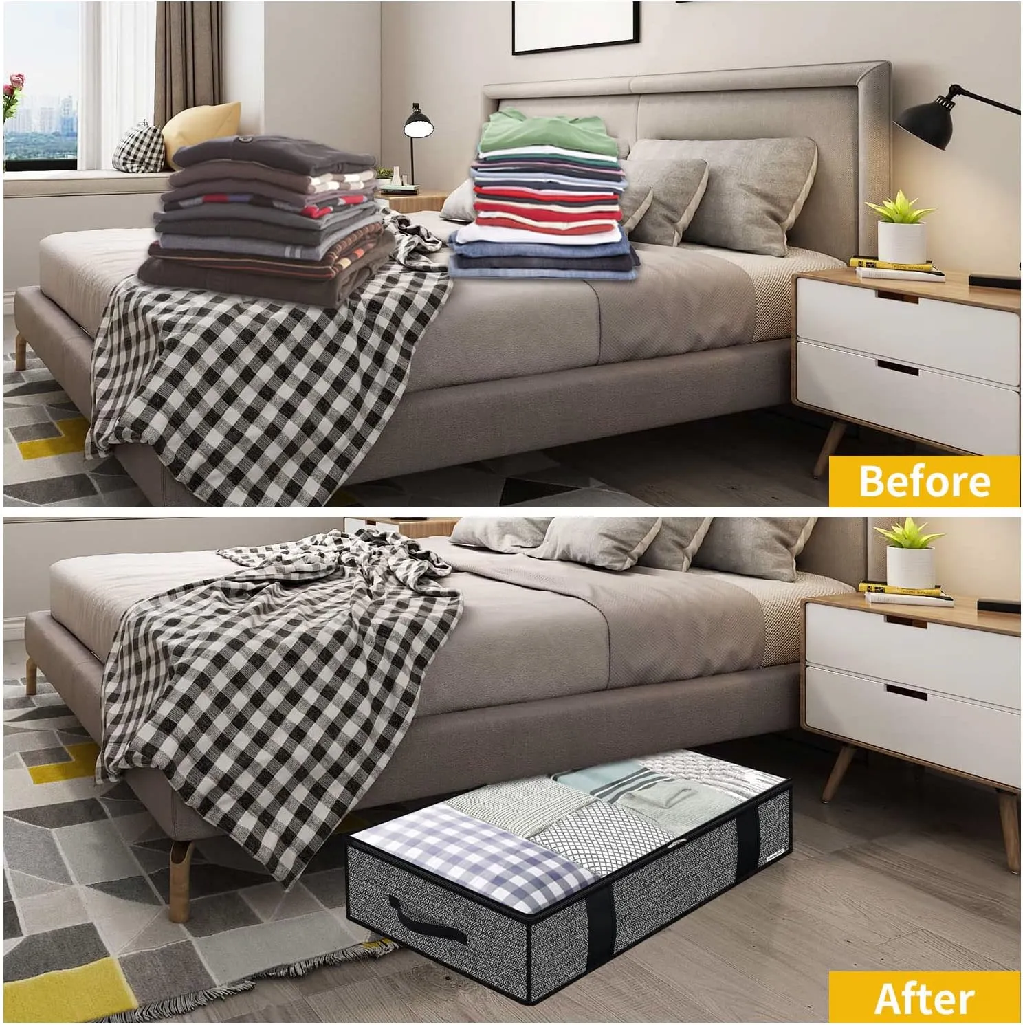 Onlyeasy 4 Pack Under Bed Clothes Storage Bags Organizer with Reinforced Handles and Zippers, Foldable Underbed Storage Container Bags for Blankets, Comforters, Bedding, Linen-like Black, MXAUBBP4