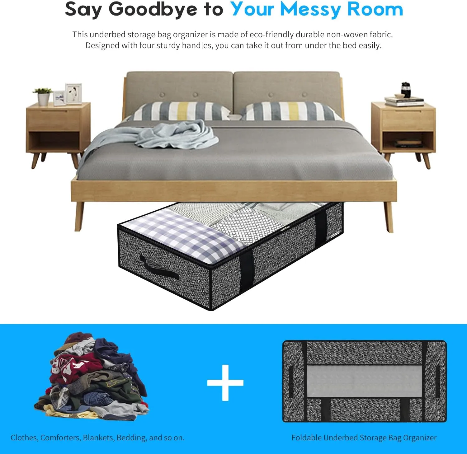 Onlyeasy 4 Pack Under Bed Clothes Storage Bags Organizer with Reinforced Handles and Zippers, Foldable Underbed Storage Container Bags for Blankets, Comforters, Bedding, Linen-like Black, MXAUBBP4