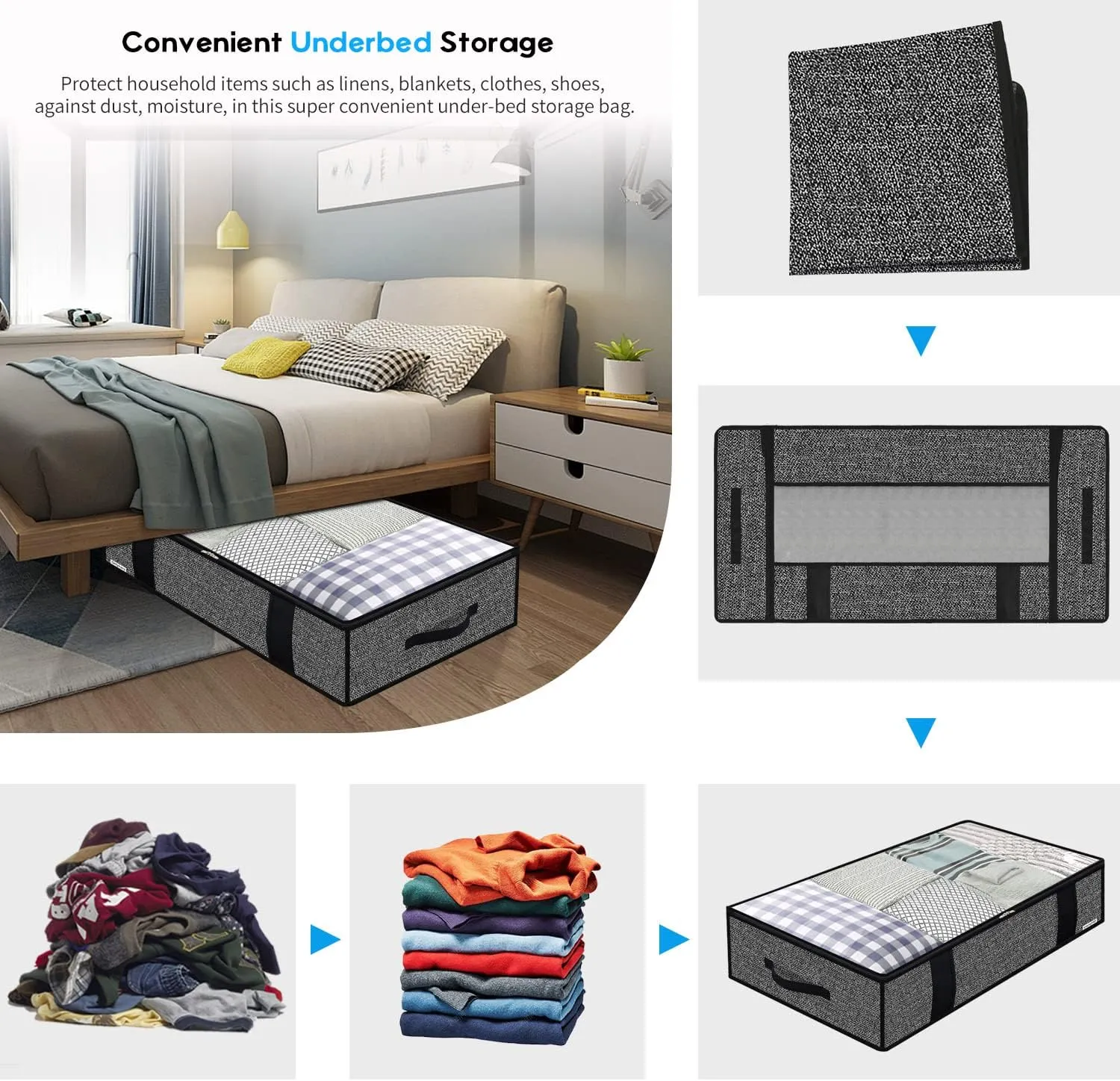 Onlyeasy 4 Pack Under Bed Clothes Storage Bags Organizer with Reinforced Handles and Zippers, Foldable Underbed Storage Container Bags for Blankets, Comforters, Bedding, Linen-like Black, MXAUBBP4