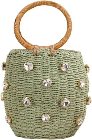 Orgonite Bucket Straw Handbag, Handmade Tote Bag with Pearl Flower, Beach Woven Bag Rattan Basket Purse Drawstring for Women