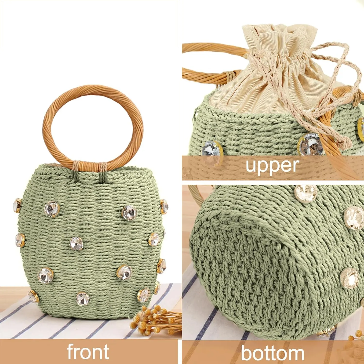Orgonite Bucket Straw Handbag, Handmade Tote Bag with Pearl Flower, Beach Woven Bag Rattan Basket Purse Drawstring for Women