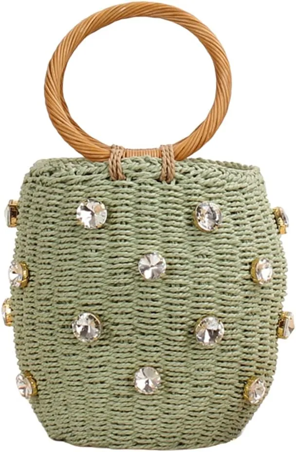 Orgonite Bucket Straw Handbag, Handmade Tote Bag with Pearl Flower, Beach Woven Bag Rattan Basket Purse Drawstring for Women