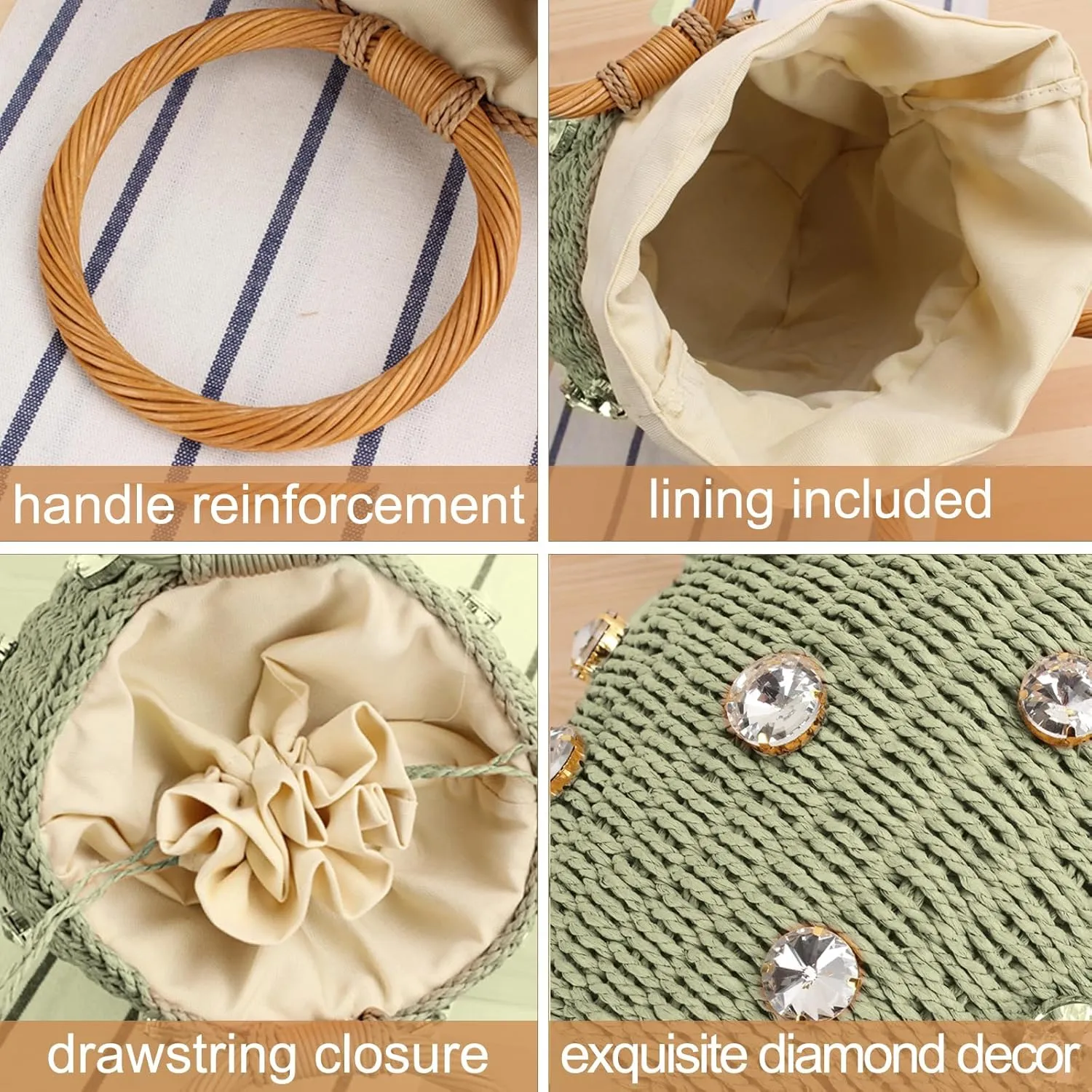 Orgonite Bucket Straw Handbag, Handmade Tote Bag with Pearl Flower, Beach Woven Bag Rattan Basket Purse Drawstring for Women