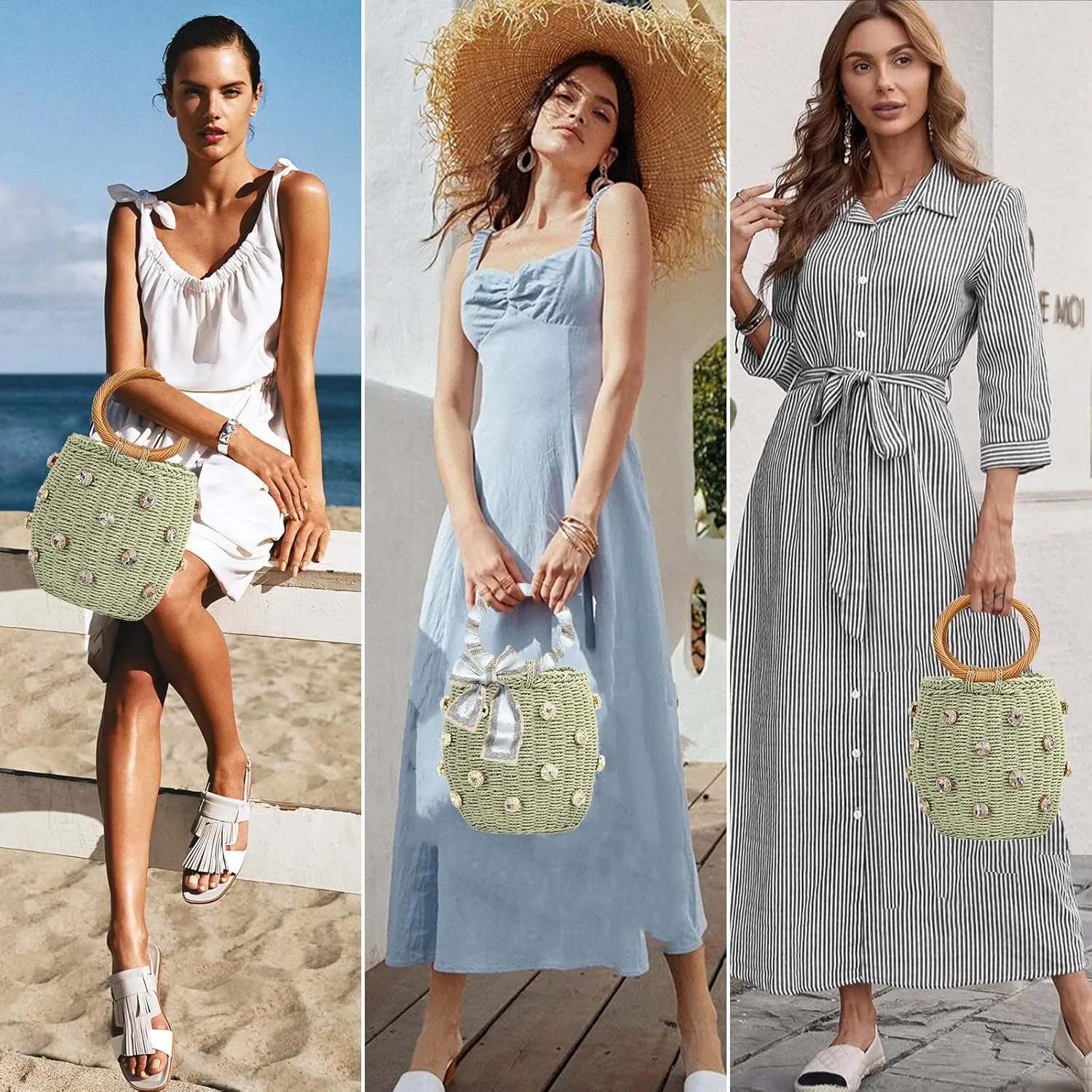 Orgonite Bucket Straw Handbag, Handmade Tote Bag with Pearl Flower, Beach Woven Bag Rattan Basket Purse Drawstring for Women