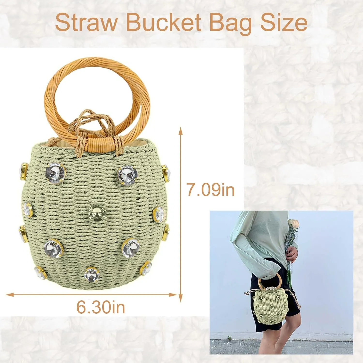 Orgonite Bucket Straw Handbag, Handmade Tote Bag with Pearl Flower, Beach Woven Bag Rattan Basket Purse Drawstring for Women