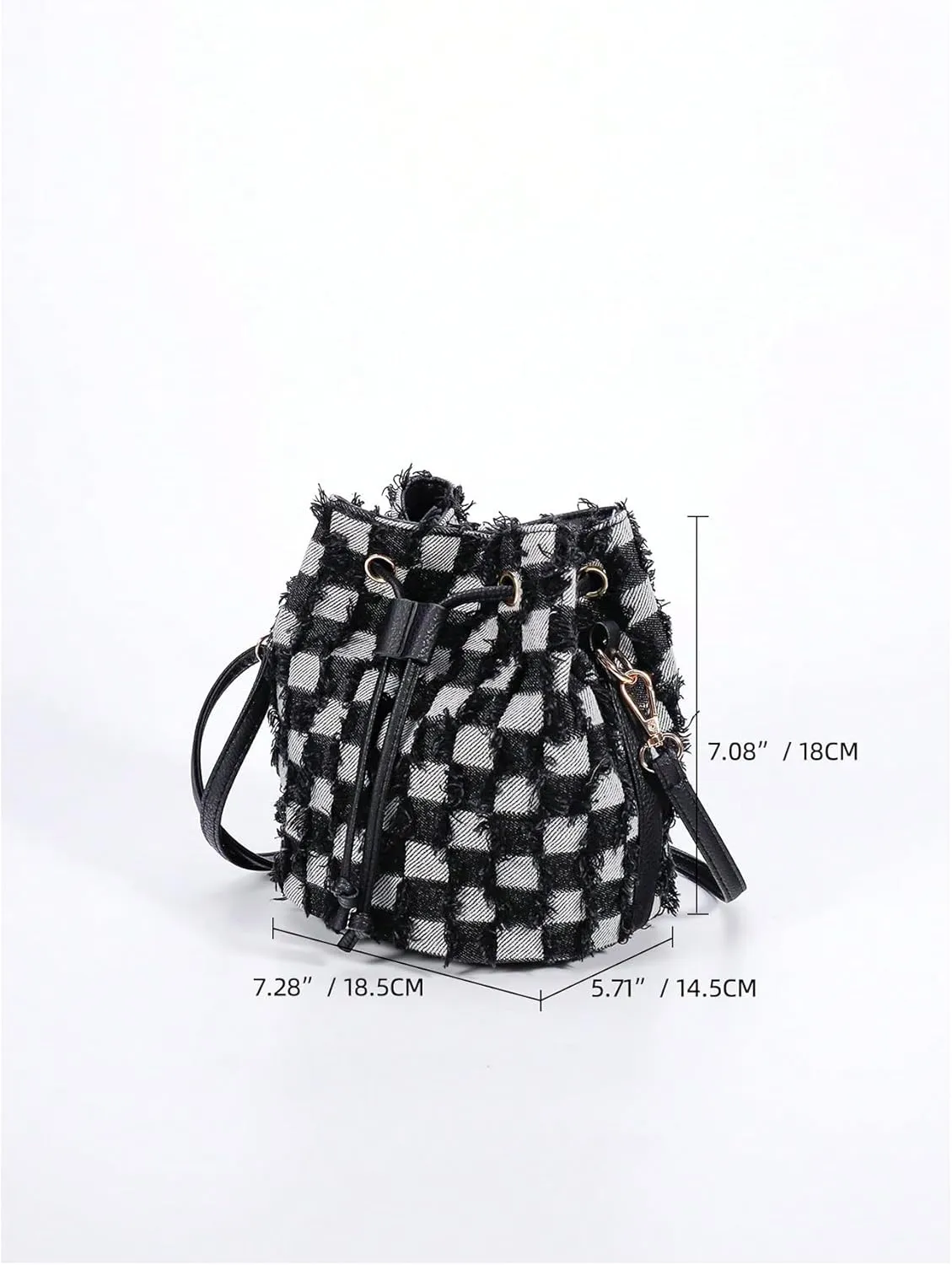 OYOANGLE Women's Plaid Print Drawstring Raw Trim Crossbody Bags Casual Mini Handbags Clutch Purses