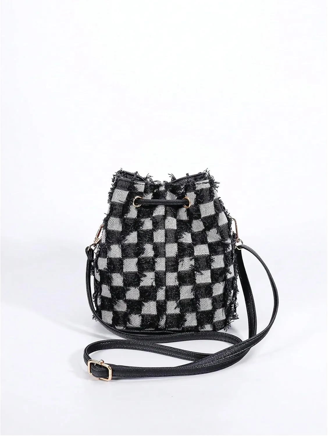 OYOANGLE Women's Plaid Print Drawstring Raw Trim Crossbody Bags Casual Mini Handbags Clutch Purses