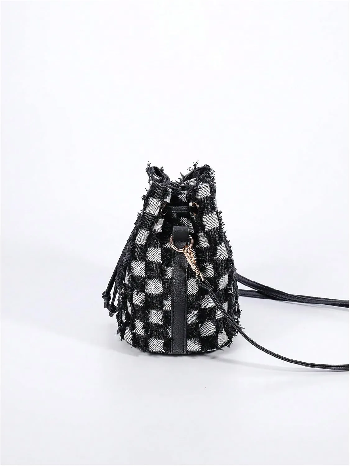 OYOANGLE Women's Plaid Print Drawstring Raw Trim Crossbody Bags Casual Mini Handbags Clutch Purses