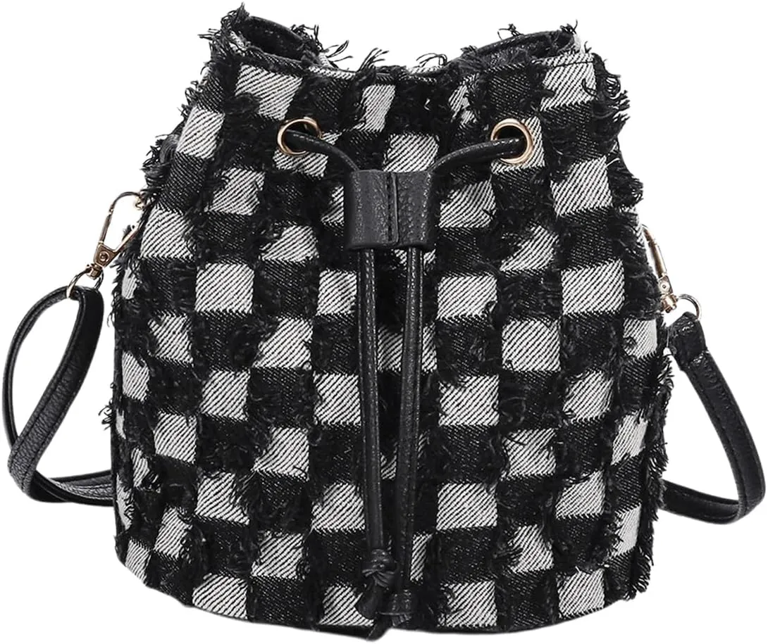 OYOANGLE Women's Plaid Print Drawstring Raw Trim Crossbody Bags Casual Mini Handbags Clutch Purses