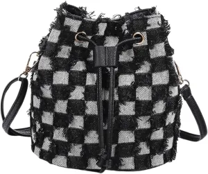 OYOANGLE Women's Plaid Print Drawstring Raw Trim Crossbody Bags Casual Mini Handbags Clutch Purses