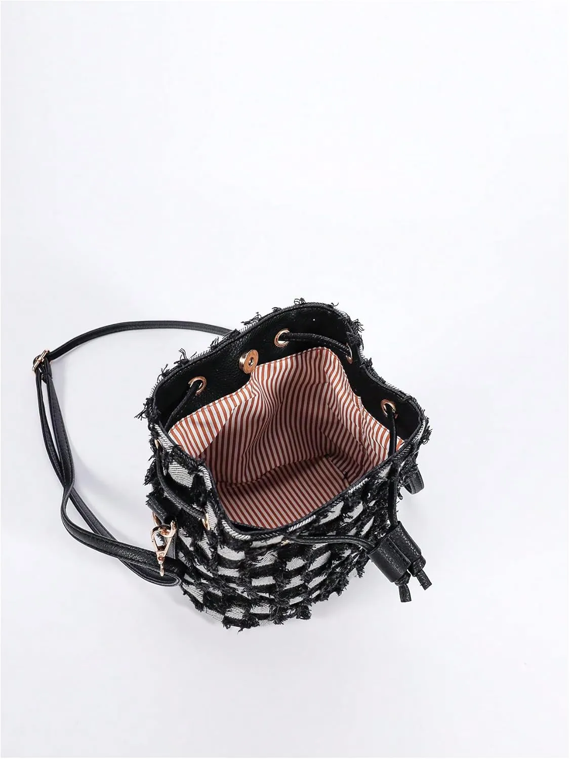 OYOANGLE Women's Plaid Print Drawstring Raw Trim Crossbody Bags Casual Mini Handbags Clutch Purses