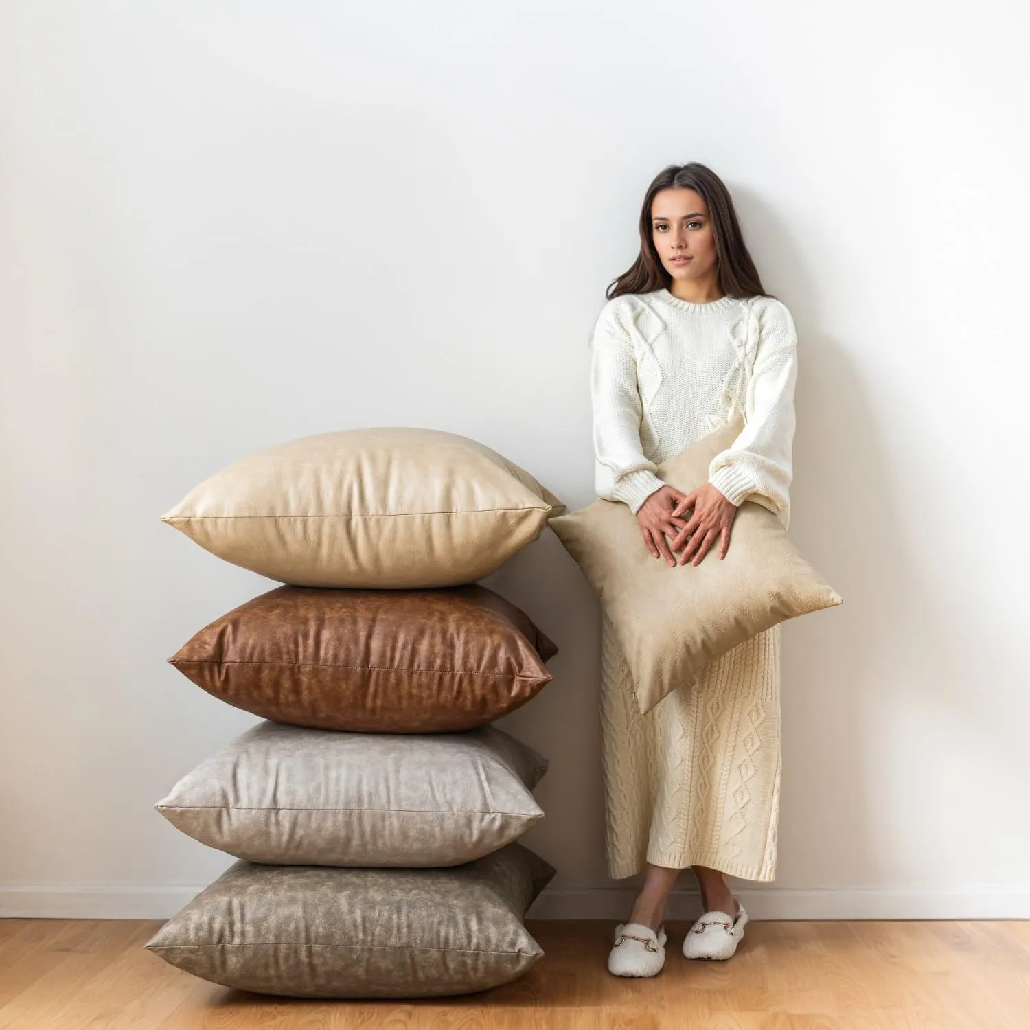 Pack of 2 Leather Pillow Cover, Beige Decorative Modern Boho Thickened Abrasion Floor Cushion Cover, for Home Decor Outdoor Waterproof Pet Hair Resistant Throw Pillow Covers 18x18 inch.