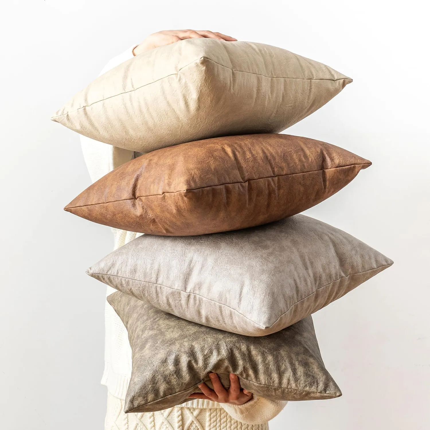 Pack of 2 Leather Pillow Cover, Beige Decorative Modern Boho Thickened Abrasion Floor Cushion Cover, for Home Decor Outdoor Waterproof Pet Hair Resistant Throw Pillow Covers 18x18 inch.