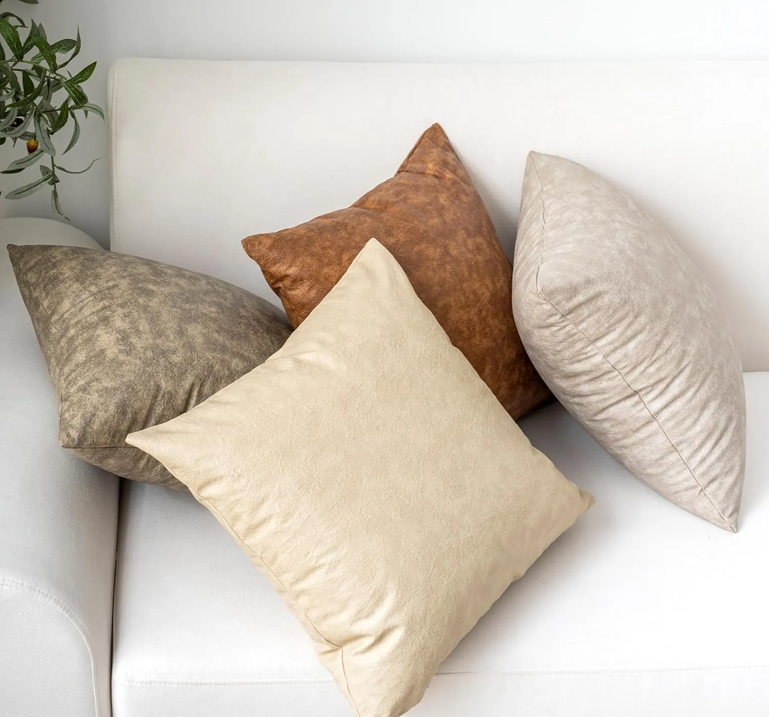 Pack of 2 Leather Pillow Cover, Beige Decorative Modern Boho Thickened Abrasion Floor Cushion Cover, for Home Decor Outdoor Waterproof Pet Hair Resistant Throw Pillow Covers 18x18 inch.