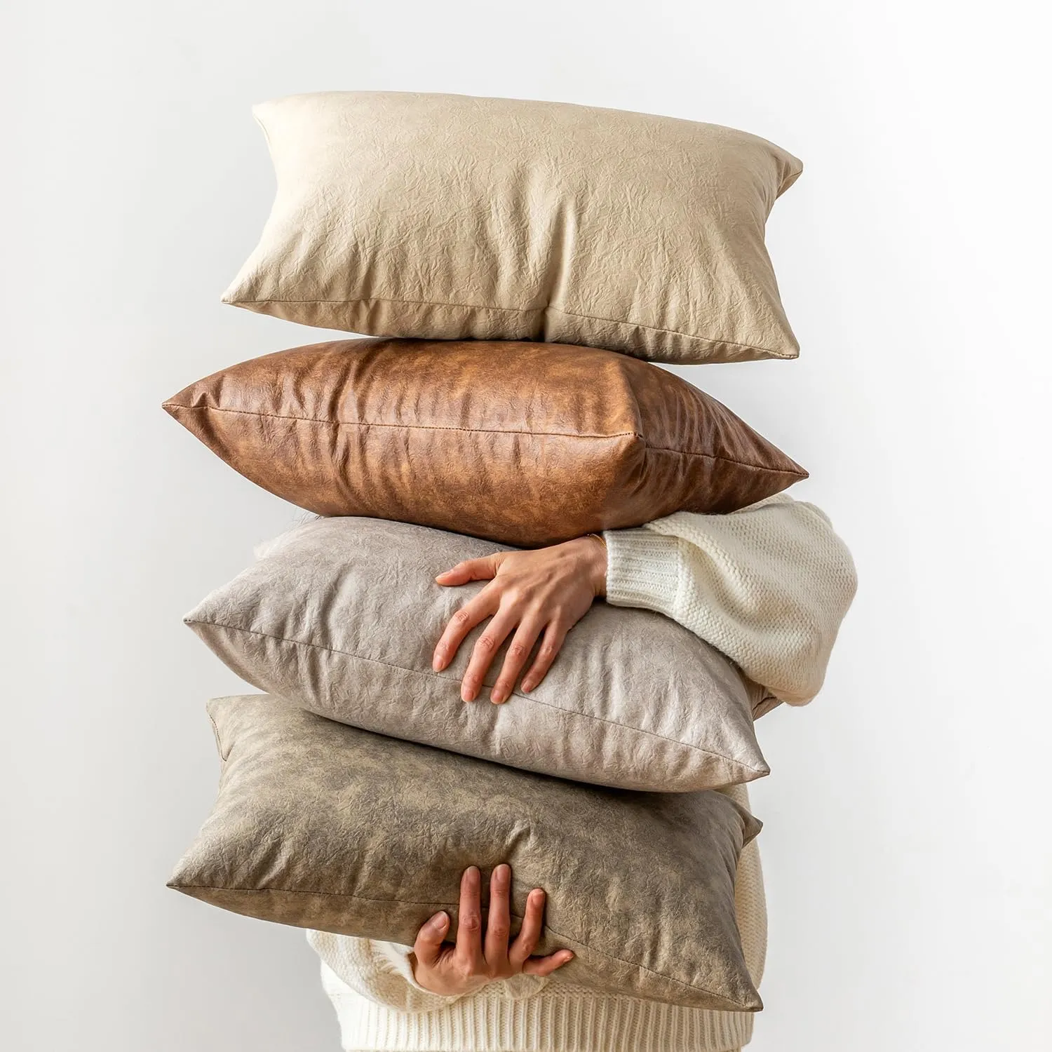 Pack of 2 Leather Pillow Cover, Beige Decorative Modern Boho Thickened Abrasion Floor Cushion Cover, for Home Decor Outdoor Waterproof Pet Hair Resistant Throw Pillow Covers 18x18 inch.