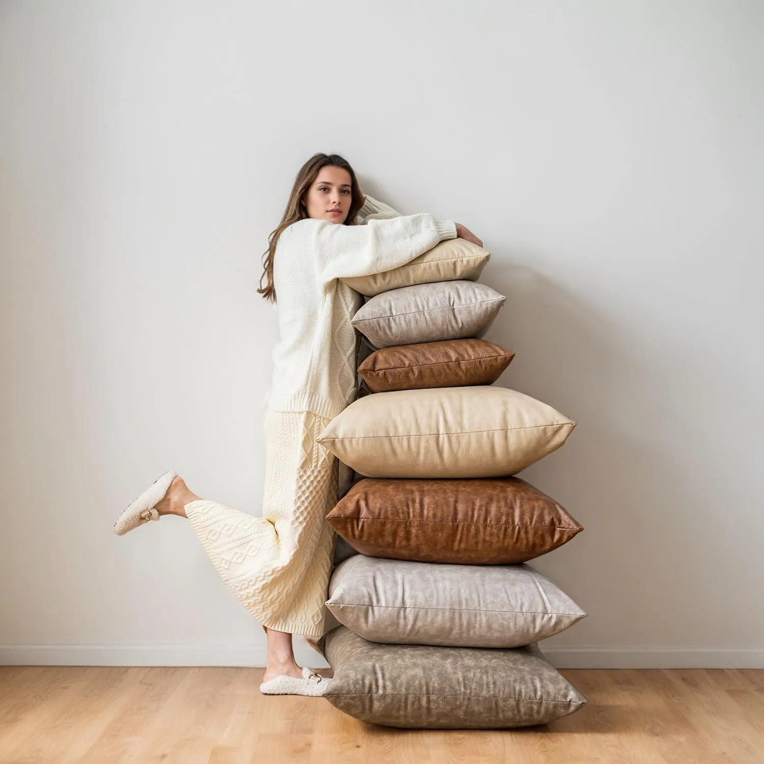 Pack of 2 Leather Pillow Cover, Beige Decorative Modern Boho Thickened Abrasion Floor Cushion Cover, for Home Decor Outdoor Waterproof Pet Hair Resistant Throw Pillow Covers 18x18 inch.