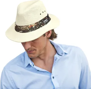 Panama Jack Woven Safari Hat - Matte Toyo Straw, 2 1/2" Brim, Tropical Print Hat Band