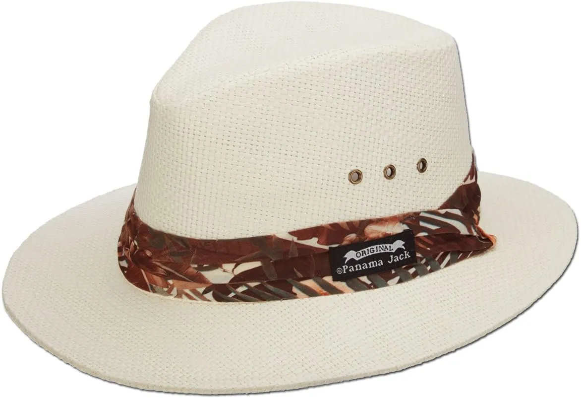 Panama Jack Woven Safari Hat - Matte Toyo Straw, 2 1/2" Brim, Tropical Print Hat Band