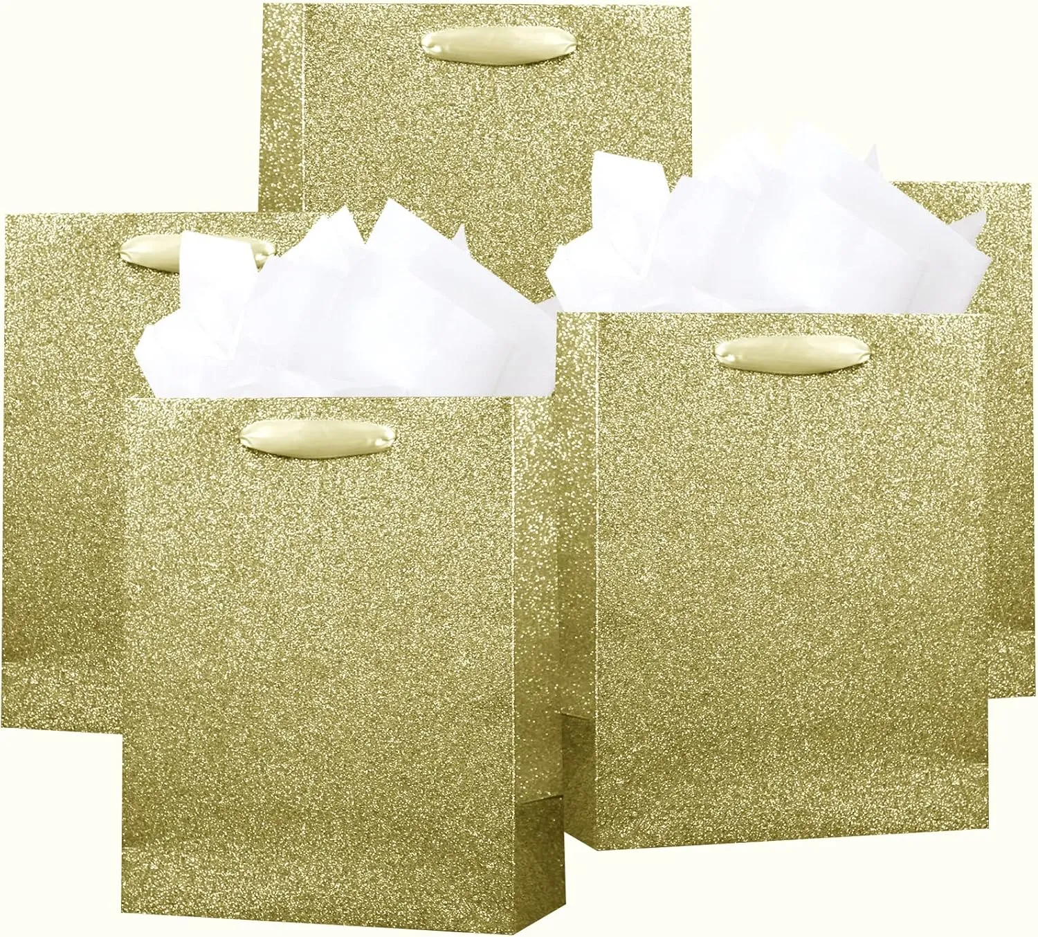 PAPER FAIR 12Pcs Embossed Bright Gold Glitter Gift Bags with 24 Tissue Paper Bulk, M 9x7 Inch, Wedding Bridal Shower Favor Bag Gift Packaging, Holiday Birthday Party