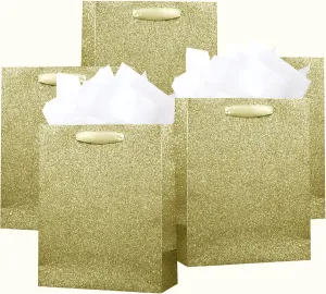 PAPER FAIR 12Pcs Embossed Bright Gold Glitter Gift Bags with 24 Tissue Paper Bulk, M 9x7 Inch, Wedding Bridal Shower Favor Bag Gift Packaging, Holiday Birthday Party