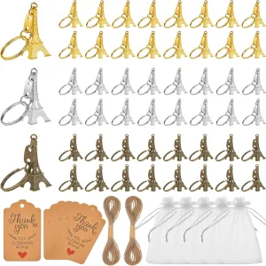 Paris Party Favors, with Eiffel Tower Keychain White Organza Bags Thank You Kraft Tags French Souvenirs Retro Adornment for Paris Theme Party Bridal Wedding(60 Sets)