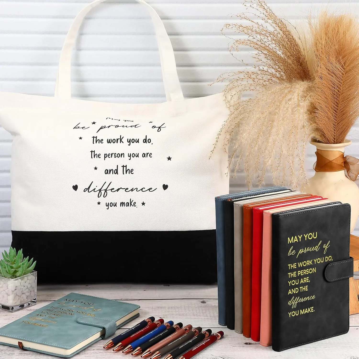 Paterr 12 Sets Thank You Appreciation Gifts Leather Notebooks Canvas Tote Bags Ballpoint Pens for Employee (Chic Colors)