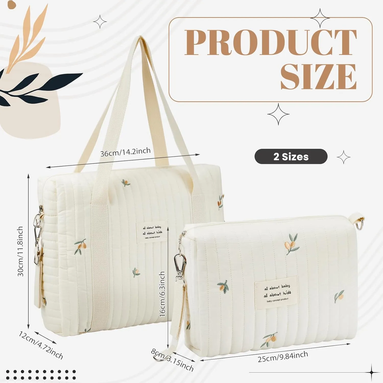Paterr 2 Pcs Diaper Bag Tote for Women Multifunction Multisize Maternity Bag Quilted Cotton Cute Diaper Bag