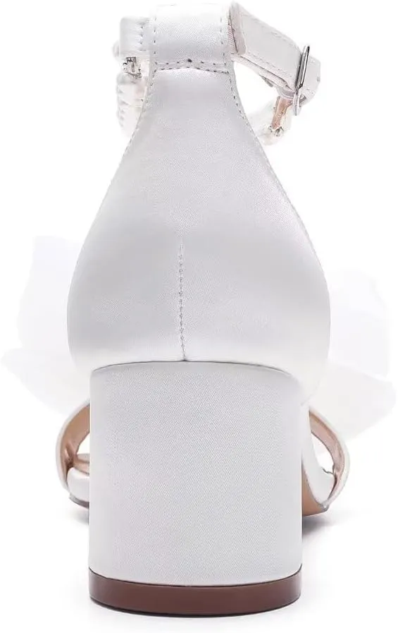 Pearl Heels Wedding Sandals with Bow Block Heel Wedding Shoes for Bride Bridal Heels
