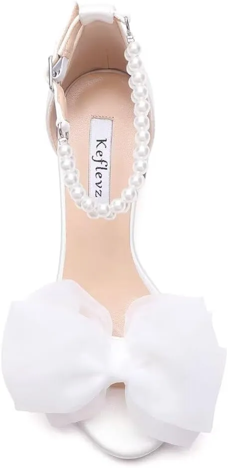 Pearl Heels Wedding Sandals with Bow Block Heel Wedding Shoes for Bride Bridal Heels