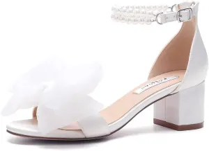 Pearl Heels Wedding Sandals with Bow Block Heel Wedding Shoes for Bride Bridal Heels