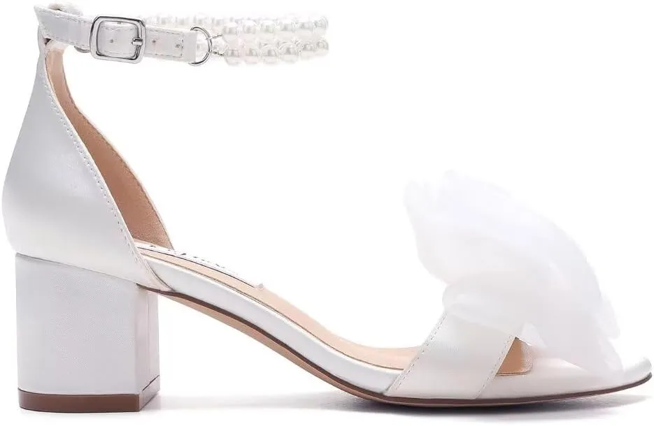 Pearl Heels Wedding Sandals with Bow Block Heel Wedding Shoes for Bride Bridal Heels