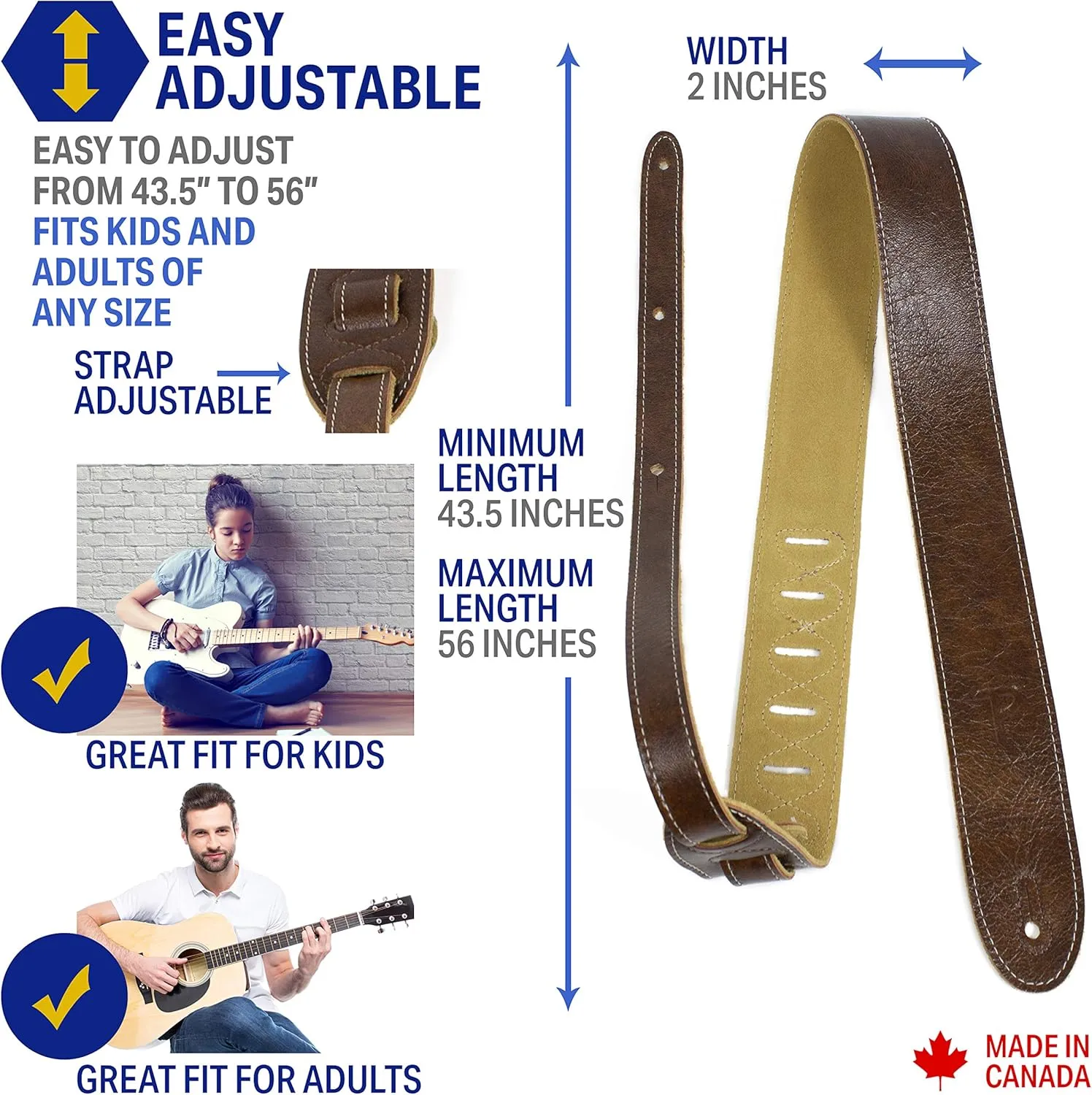 Perri's Leathers Italian Leather Guitar Strap - Soft Deluxe, Adjustable 41" to 56", Reinforced Keyhole & Slots, Electric, Bass, Acoustic Guitar Straps Leather - Chestnut