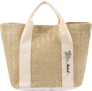 Personalized Beach Straw Tote Handbag - Custom Name with Birth Month Flowers - Women's Travel Shopping Tote Bag