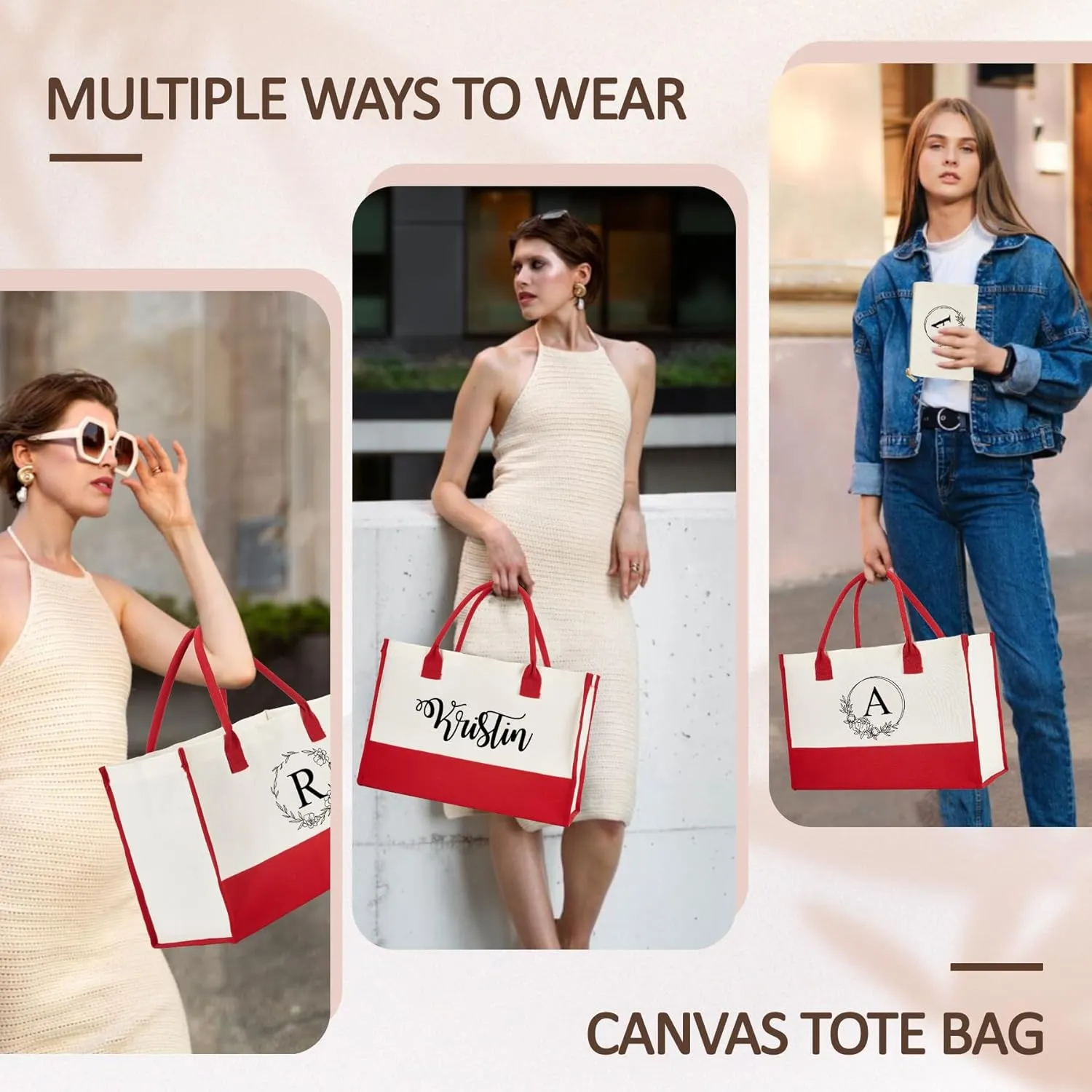 Personalized Canvas Tote Bag - Reinforced Handles,Dense Sewing Beach Bag & Extra Makeup Bag,Travel Essentials,Gifts for Women